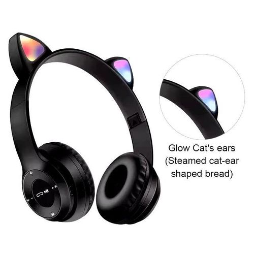 Casque Enfant P47M Noir, Casque Bluetooth, Casque Lumineux - Casque Oreilles Chat